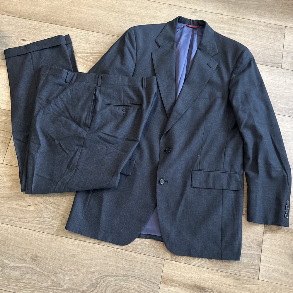 Jos A Bank Men's 100% Pure Wool Suit Black Checked‎ 44L/36x30 USA Business